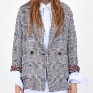 Houndstooth Cotton Blend Plaid Double Breasted Blazer
Jacket Women’s Size Sm-Med